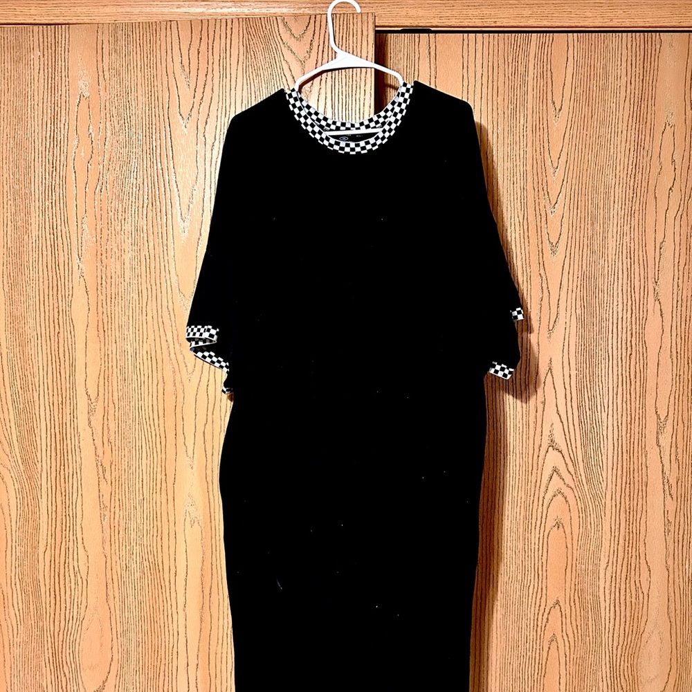 Dressed in LALA Frankie Dress, Black with Checkered Trim. 3X